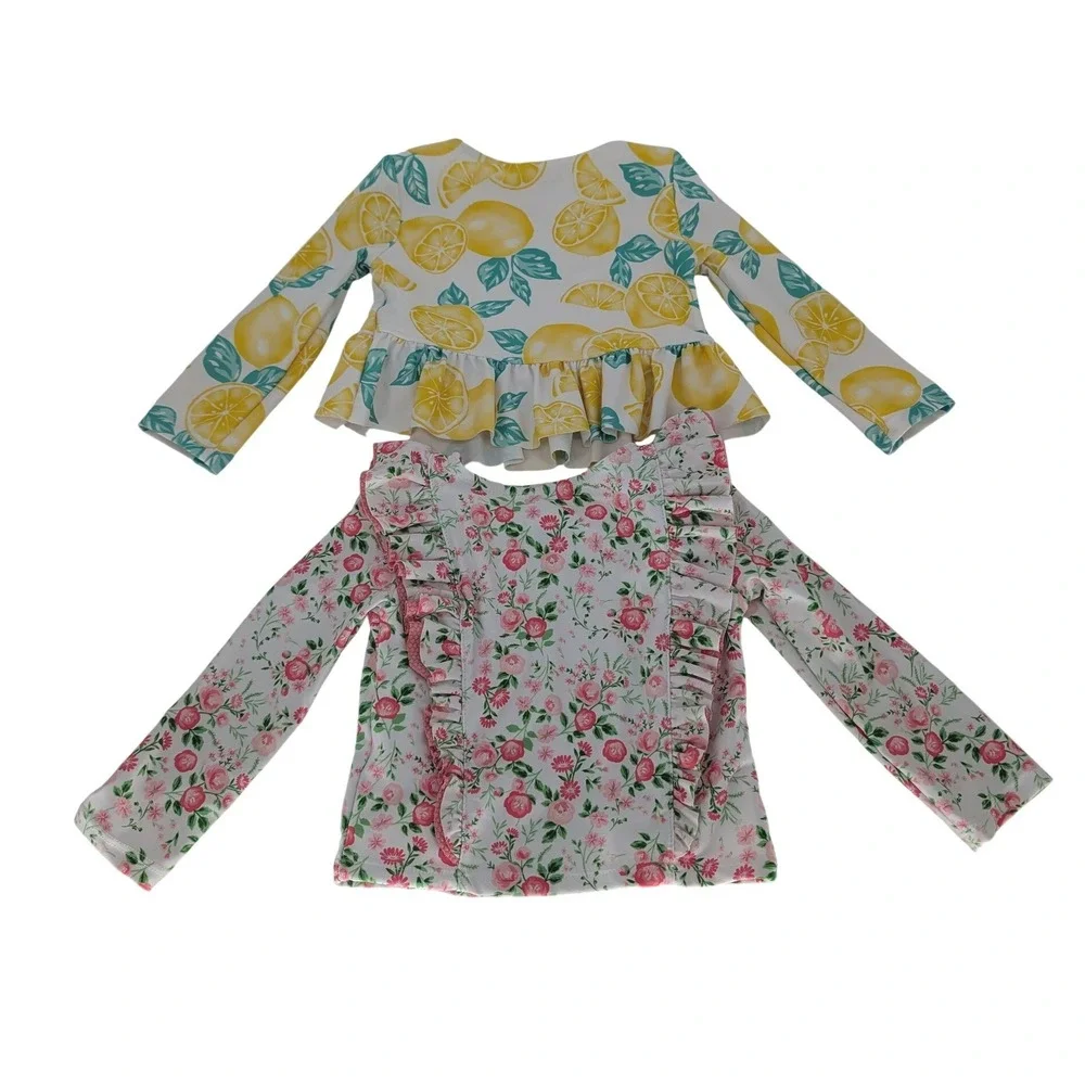 Lot of 2 Rash Guards Toddler Girl 18M Yellow Pink Floral Lemon Swim Cottage Cute